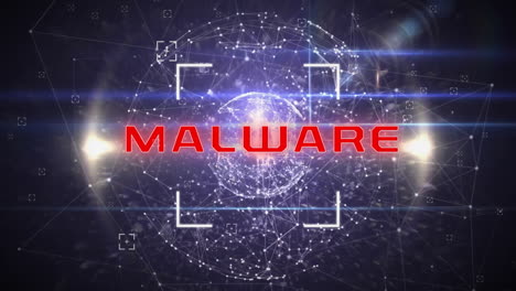animación de texto de malware a través de la red de conexiones en fondo negro