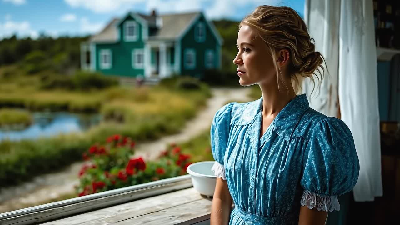 파란 드레스를 입고 창밖을 내다보는 여자