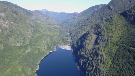 high view of deep blue lake in a rugged valley