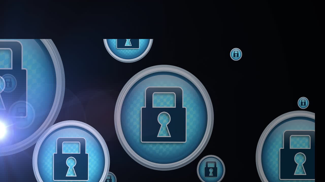 animación de las luces de la lente y el candado en círculos flotando contra un fondo negro