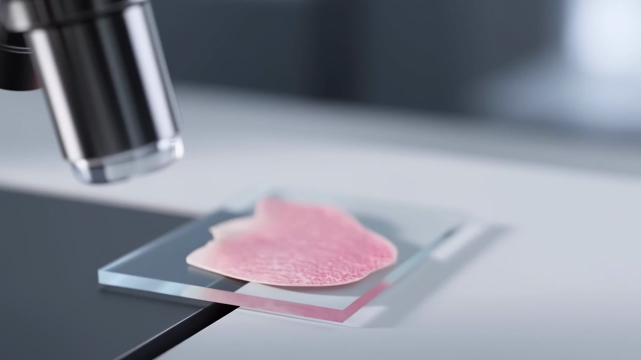 Chrome microscope objective hovers above glass slide with pink tissue section inside sterile clinical laboratory, supporting pathology inspection, histology study, precise focus, and scientific