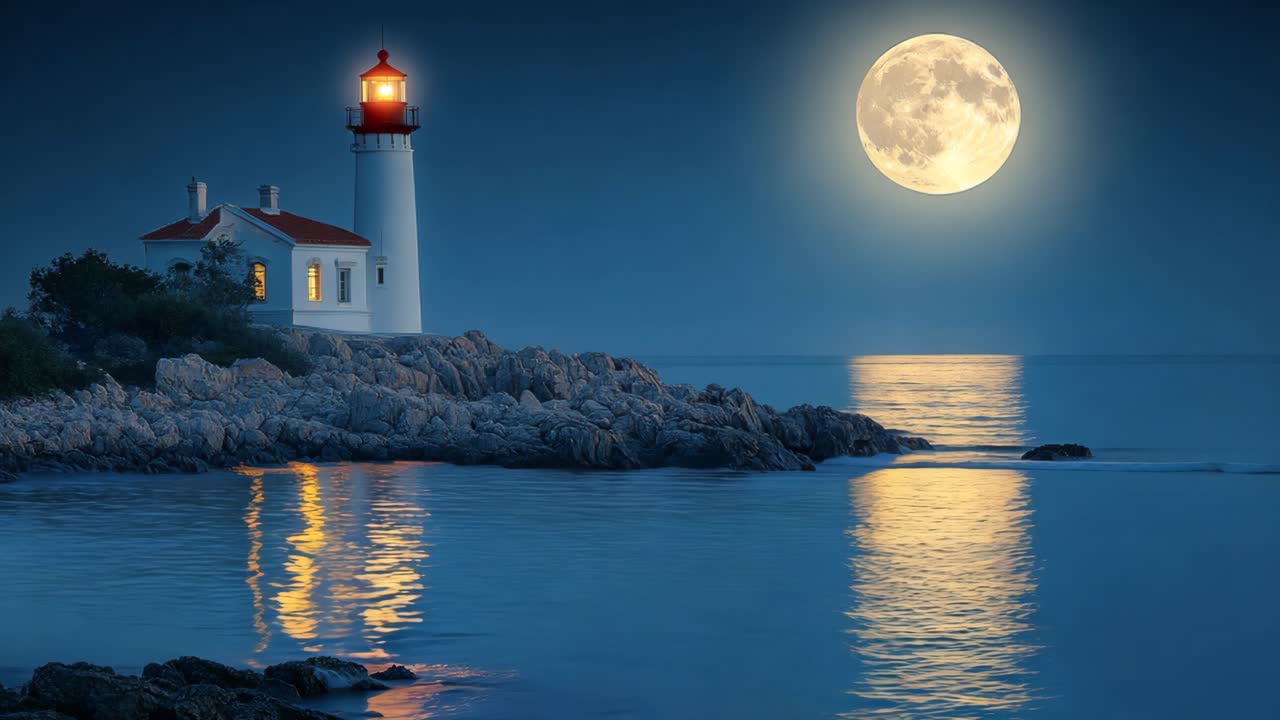A lighthouse is on a rocky shoreline with a large full moon in the sky. The moon is reflecting on the water, creating a serene and peaceful atmosphere