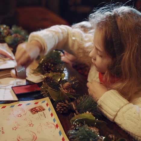 little girl puts seal on envelopes at christmas. children help elves to prepare letters for other kids from santa claus. a lot of letters with wishes and envelopes on the table.