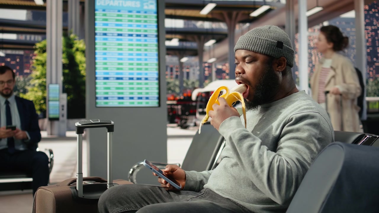 Traveler eating banana in coach terminal to gain energy before long journey