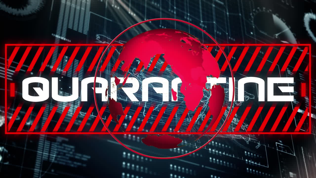 animación de cuarentena de texto, y globo rojo sobre el procesamiento de datos en la interfaz