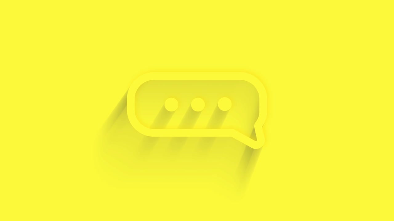 Animated chat, speech bubble icon with shadow on yellow background. Neumorphism minimal style. Transparent background. 4K video motion graphic animation.