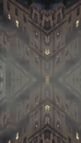 geometric facade of a city building at night