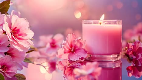 a pink candle sitting on top of a table next to pink flowers