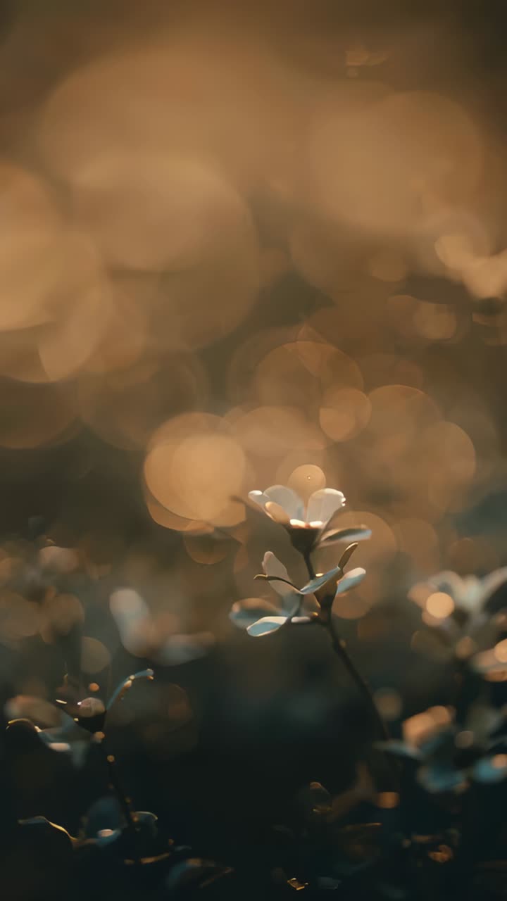 Video verticale: cambio di messa a fuoco della fotocamera su una fioritura bianca in un giardino, con spostamento della luce che mostra il bokeh
