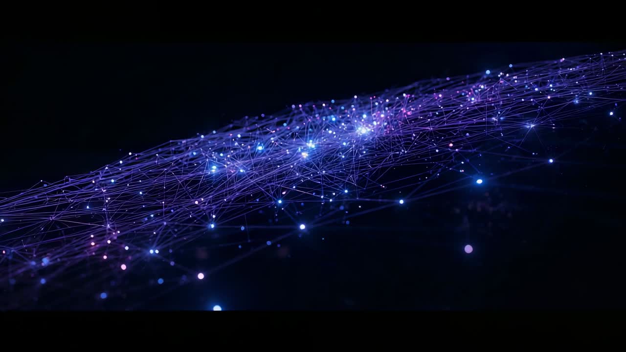 Initializing simulation revealing glowing node mesh undulating and pulsing in dark data field