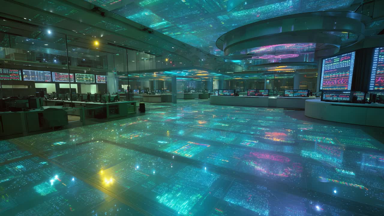 High tech command center with multiple workstations featuring an immersive, luminous floor and ceiling displaying flowing digital information, representing big data processing and global networks
