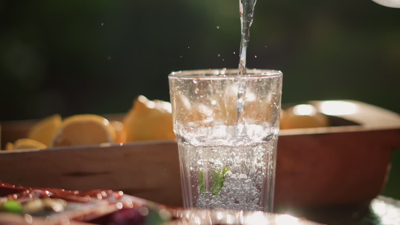 Closeup glass with bubbling water and mint sprig, sparkling effervescence and droplets scattering, wooden box of lemons in background, bartender crafting mocktail, cinematic shimmer, summer
