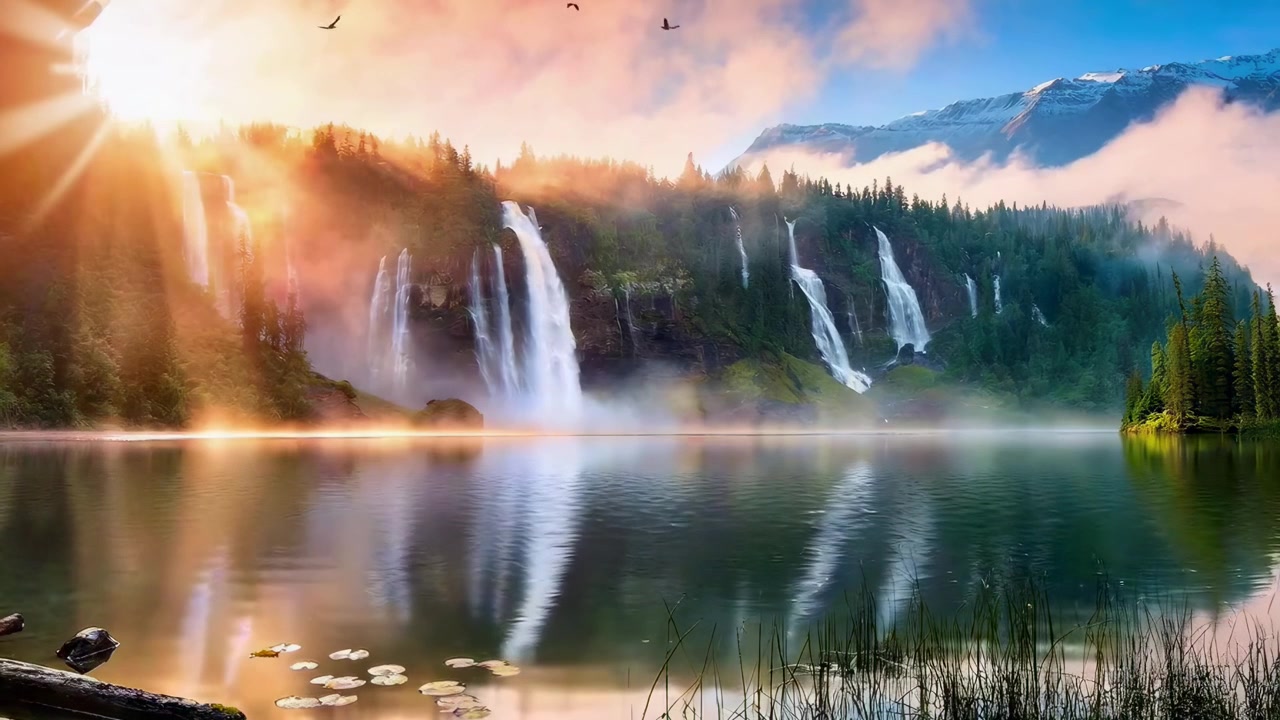 Majestic Waterfalls and Serene Lake at Golden Hour Sunrise