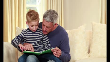 father and son reading a story