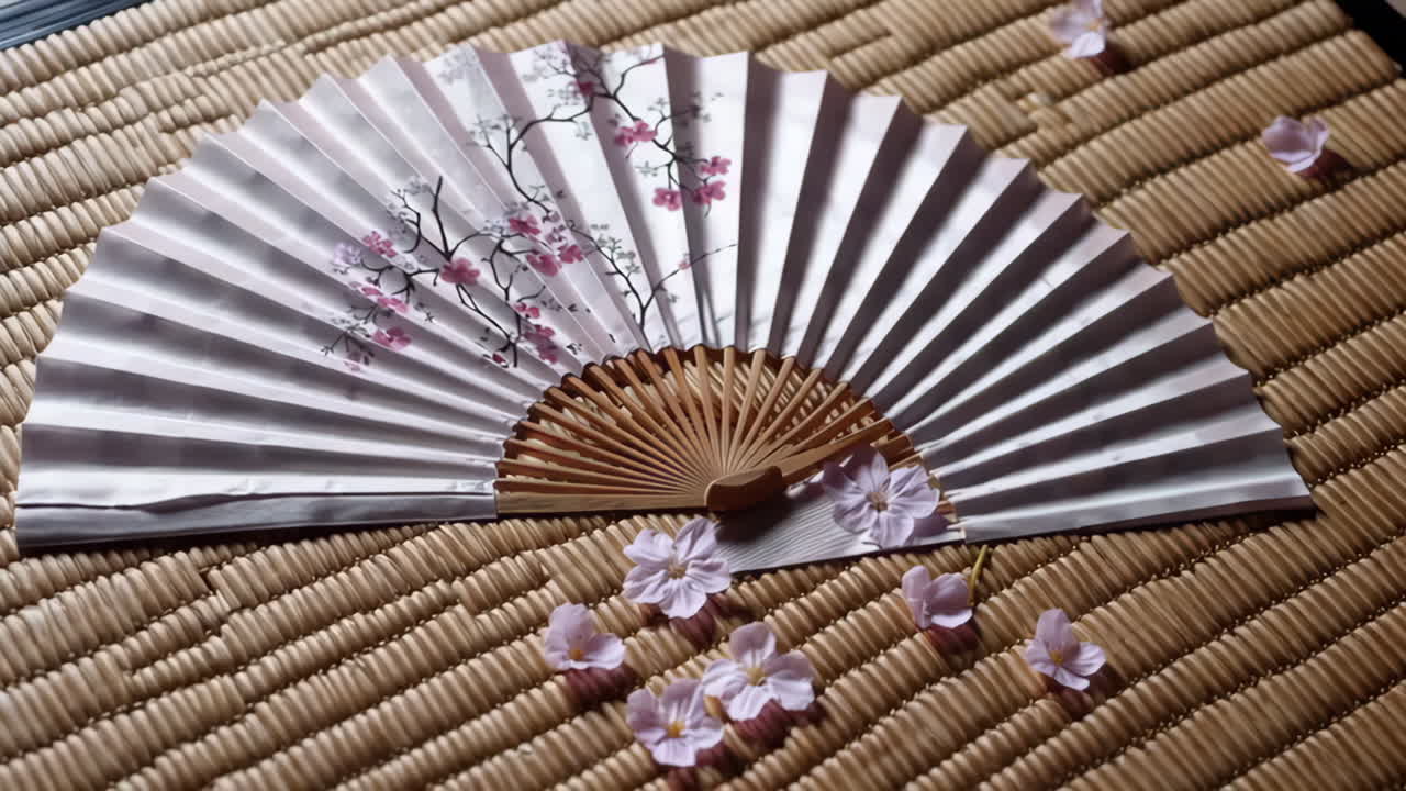 Japanese Cherry Blossom Paper Fan on Tatami Mat