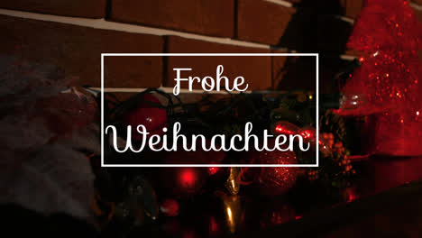 Animation-of-frohe-weihnachten-greeting-text-in-frame-over-christmas-tree-and-flickering-lights