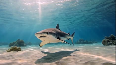 shark swimming in clear blue tropical water over a sandy seabed.