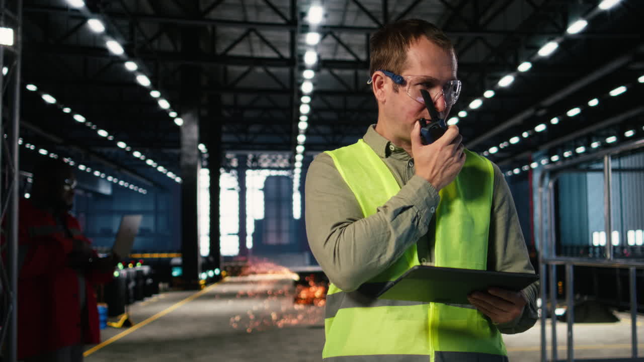 Industrial staff member uses walkie talkie device to coordinate assembly tasks