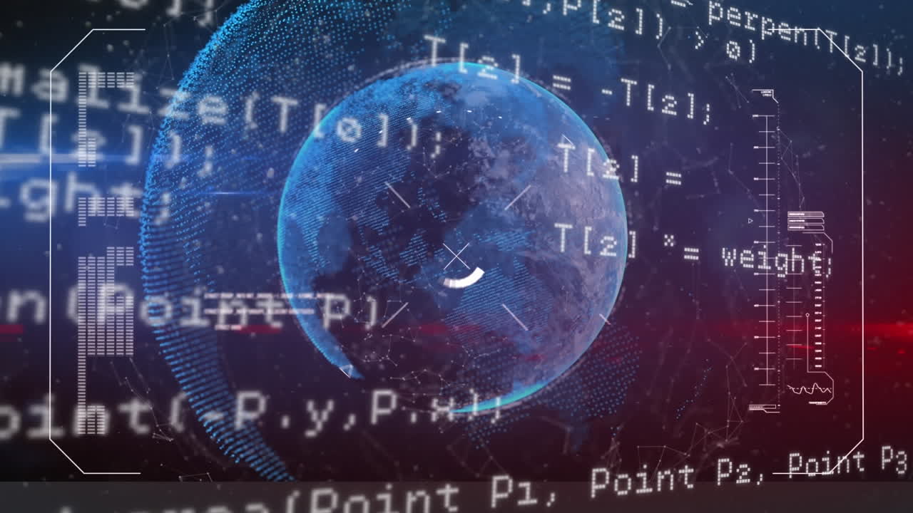 animación del lenguaje informático sobre barras de carga y puntos conectados alrededor de globos