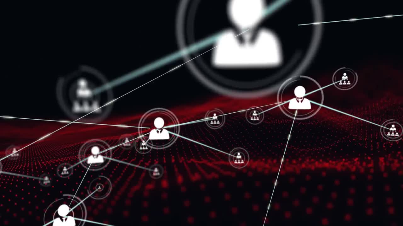 Animation of network of connections with digital icons over red mesh