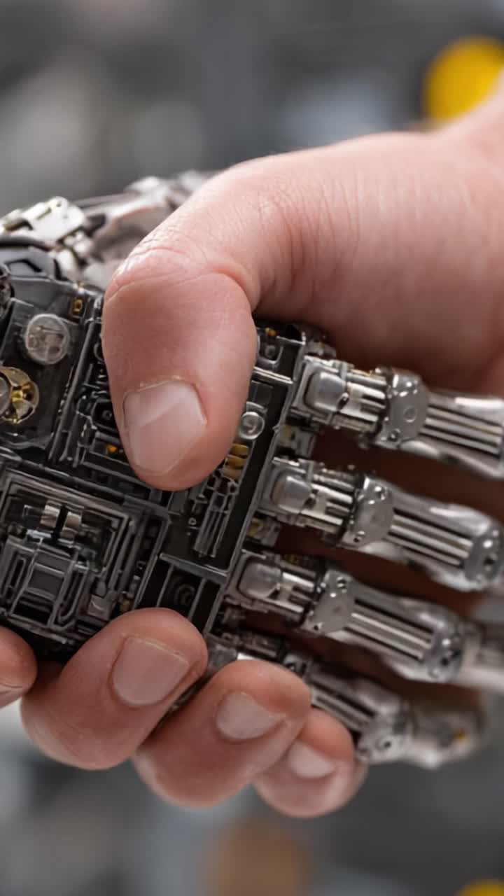 Una convergenza futuristica: una mano robotica complessa saldamente stretta da dita umane, a simboleggiare la connessione tra tecnologia e umanità in un ambiente high-tech.
