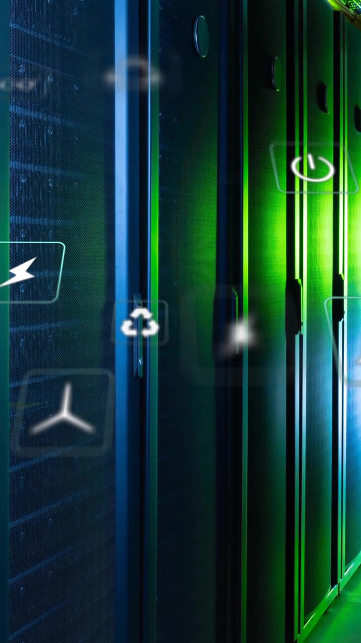 Animation of eco icons and data processing over computer servers
