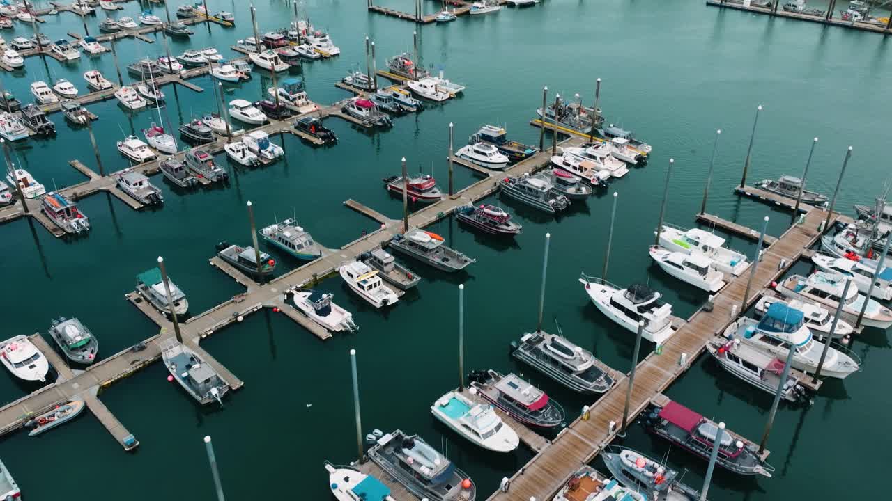 Órbita de dron aéreo e inclinación ascendente revelan una hermosa marina de aguas azules llena de barcos de pesca de fletán atracados en Homer, Alaska.