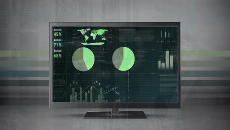 animation of data processing and diagrams over computer screen with copy space