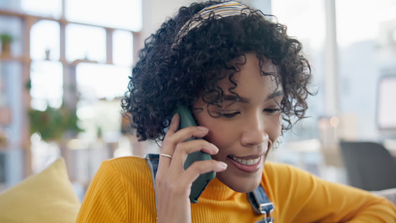 Home, phone call and woman on a sofa