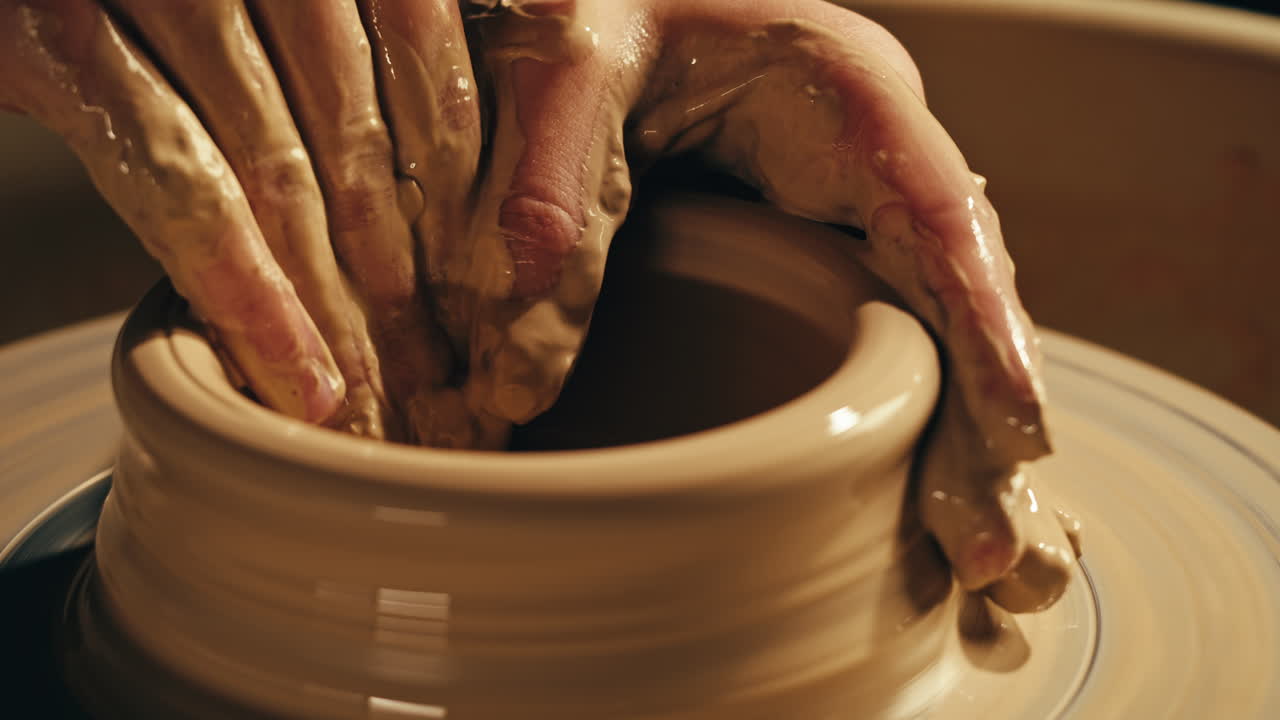 Hands shaping clay on a pottery wheel