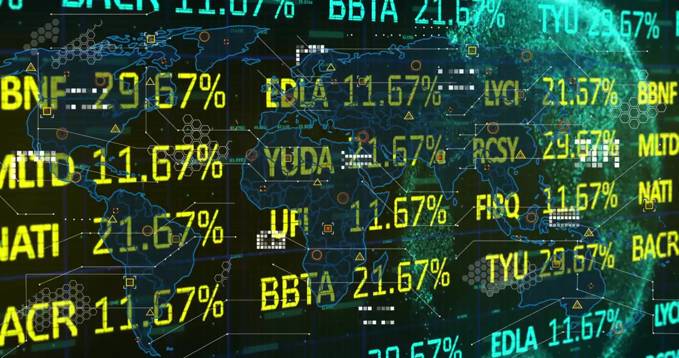 Animation of stock market over world map and globe on black background