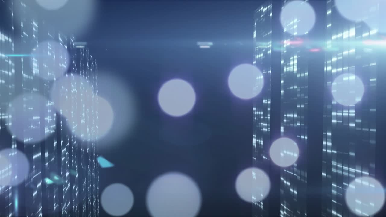 After scene load twin towers emitting flickering windows while bokeh lights drifting for ambiance