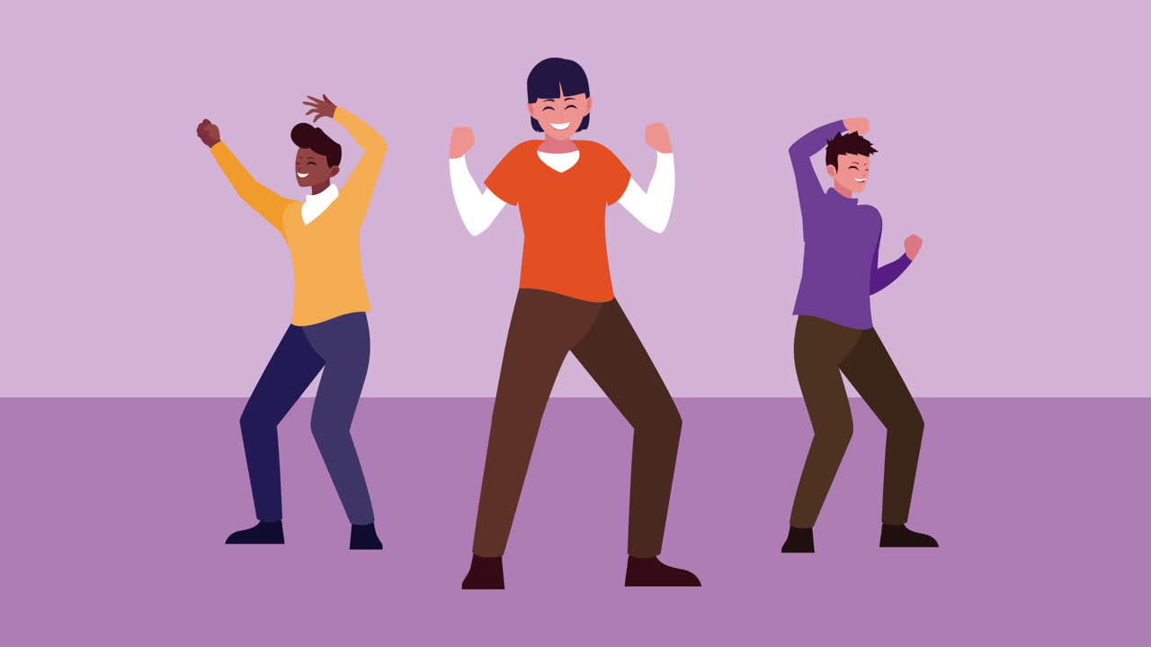 hombres interraciales bailando en avatares personajes de animación