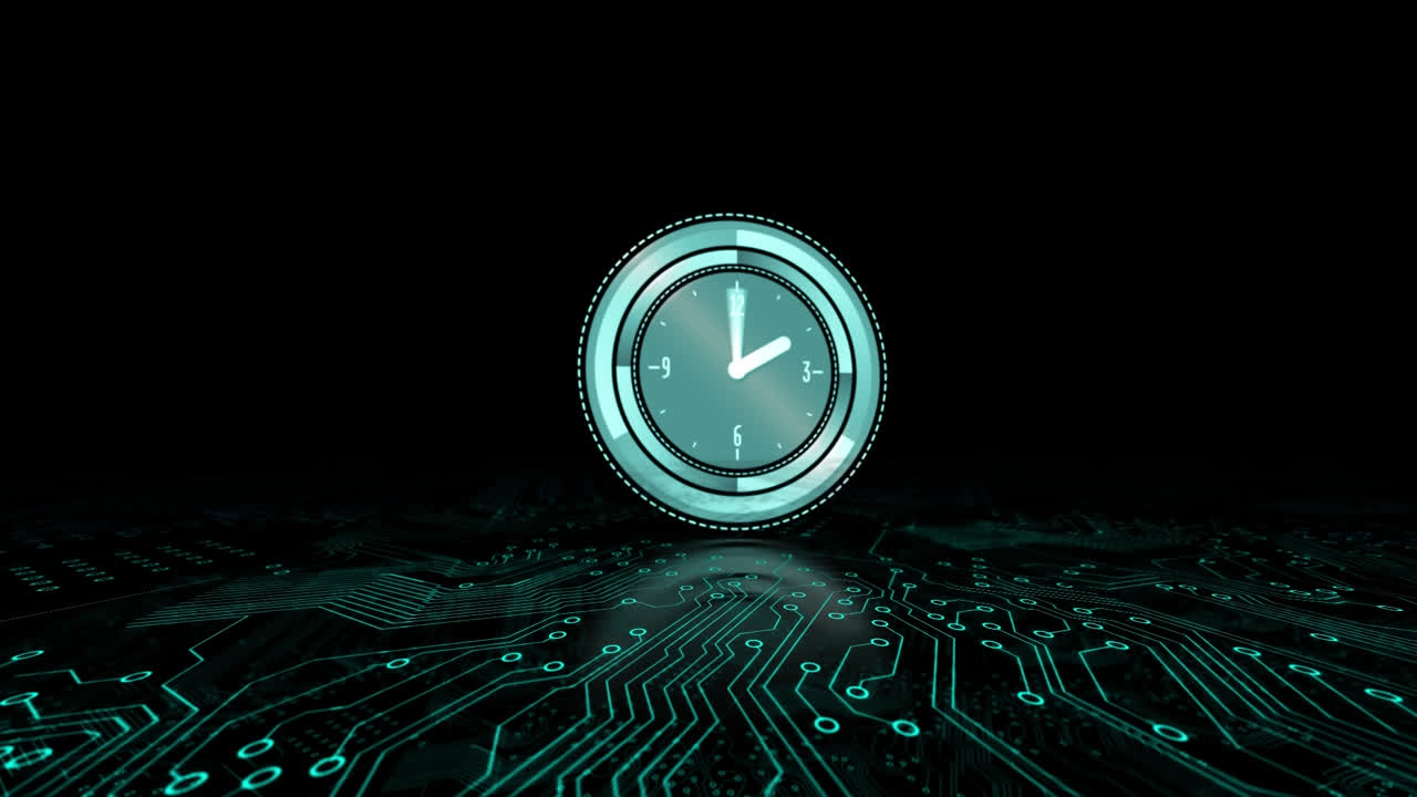 Animation of clock with moving hands over computer circuitboard on black background