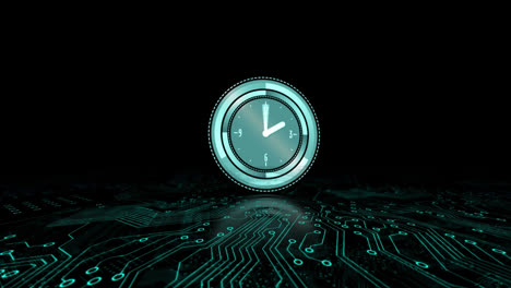 animación de un reloj con agujas en movimiento sobre una placa de circuitos de computadora sobre un fondo negro