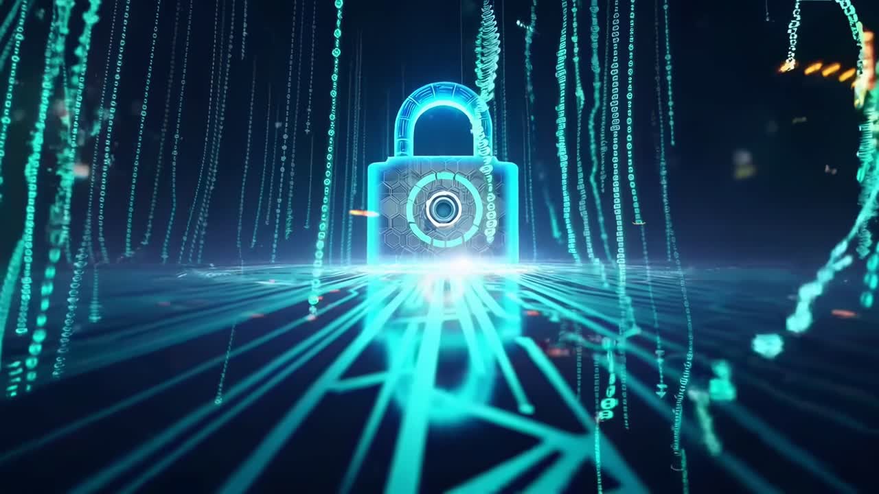 Futuristic video concept of digital security with a low-angle view of a glowing lock