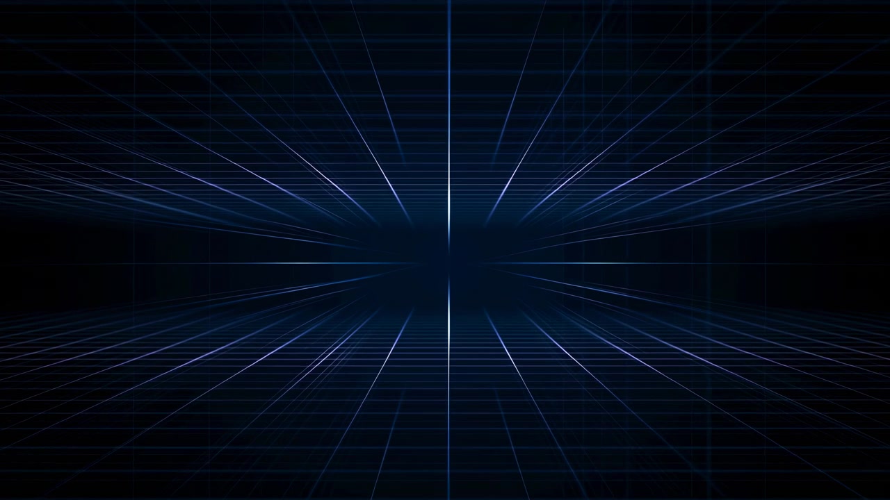 Low viewpoint inside enclosed grid tunnel of thin cyan and violet lines on deep navy background, creating clean geometric depth, dark center, luminous contrast, and high-tech abstract visual space