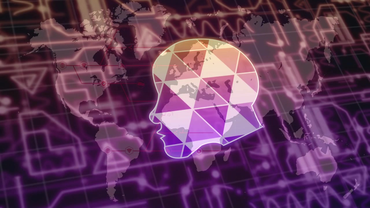 Loop starting, triangular head pulsing, facets shifting, grid, map sliding, implying global network
