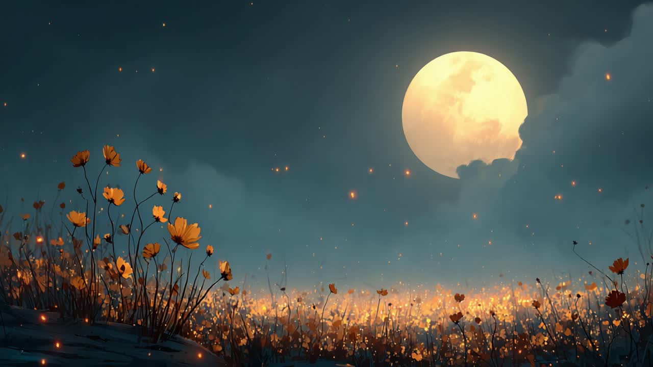 A tranquil night scene illuminated by a bright full moon, casting a soft glow over a field of vibrant yellow flowers swaying gently in the cool evening breeze