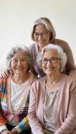 three women are sitting together and smiling