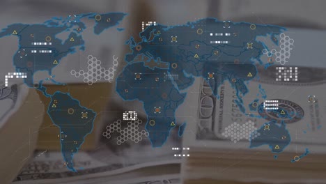 animation of data processing and world map over banknotes