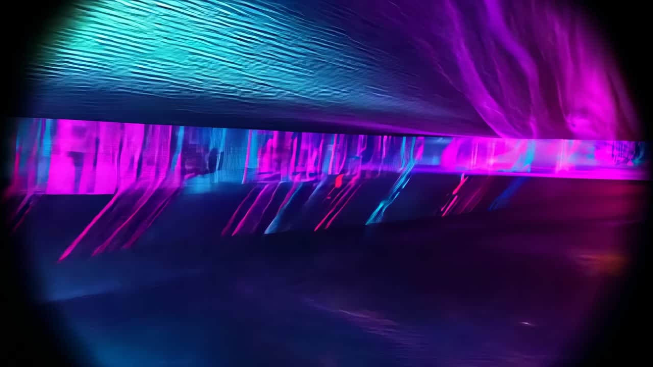 Glitch band pulsing, widening within circular interface after viewport opening, with magenta flare