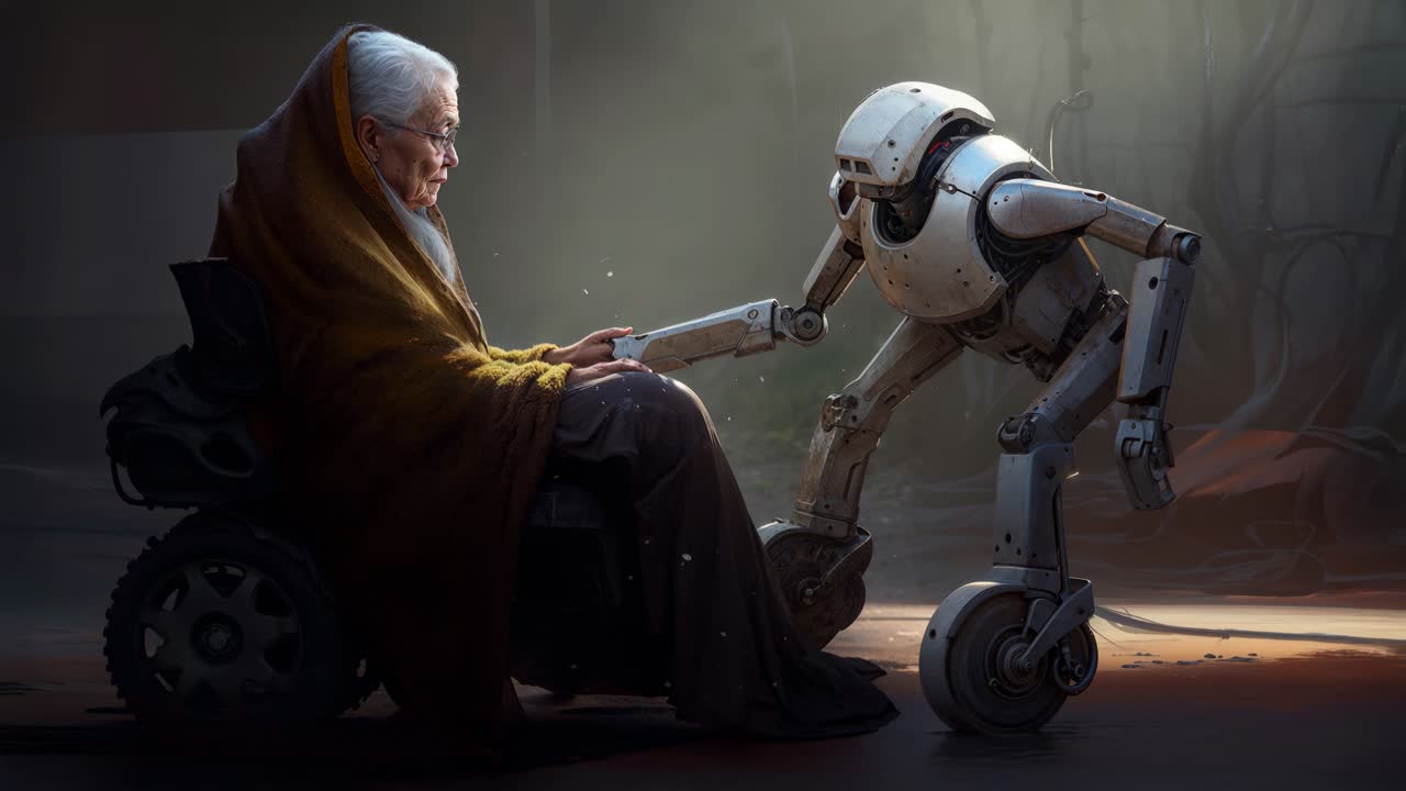 A robot is providing assistance to an elderly woman who is using a wheelchair for mobility