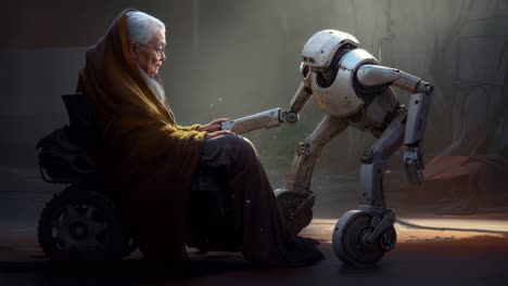 a robot is providing assistance to an elderly woman who is using a wheelchair for mobility