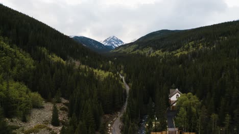 Aerial-view-flying-over-Idaho-Springs-in-Colorado's-rural-mountains