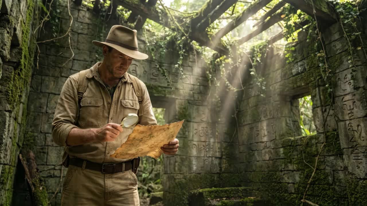 Explorer with Map in Ancient Ruins