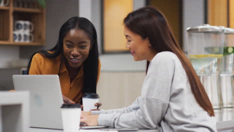 Two-Businesswomen-Working-On-Laptop-In-Kitchen-Area-Of-Modern-Office