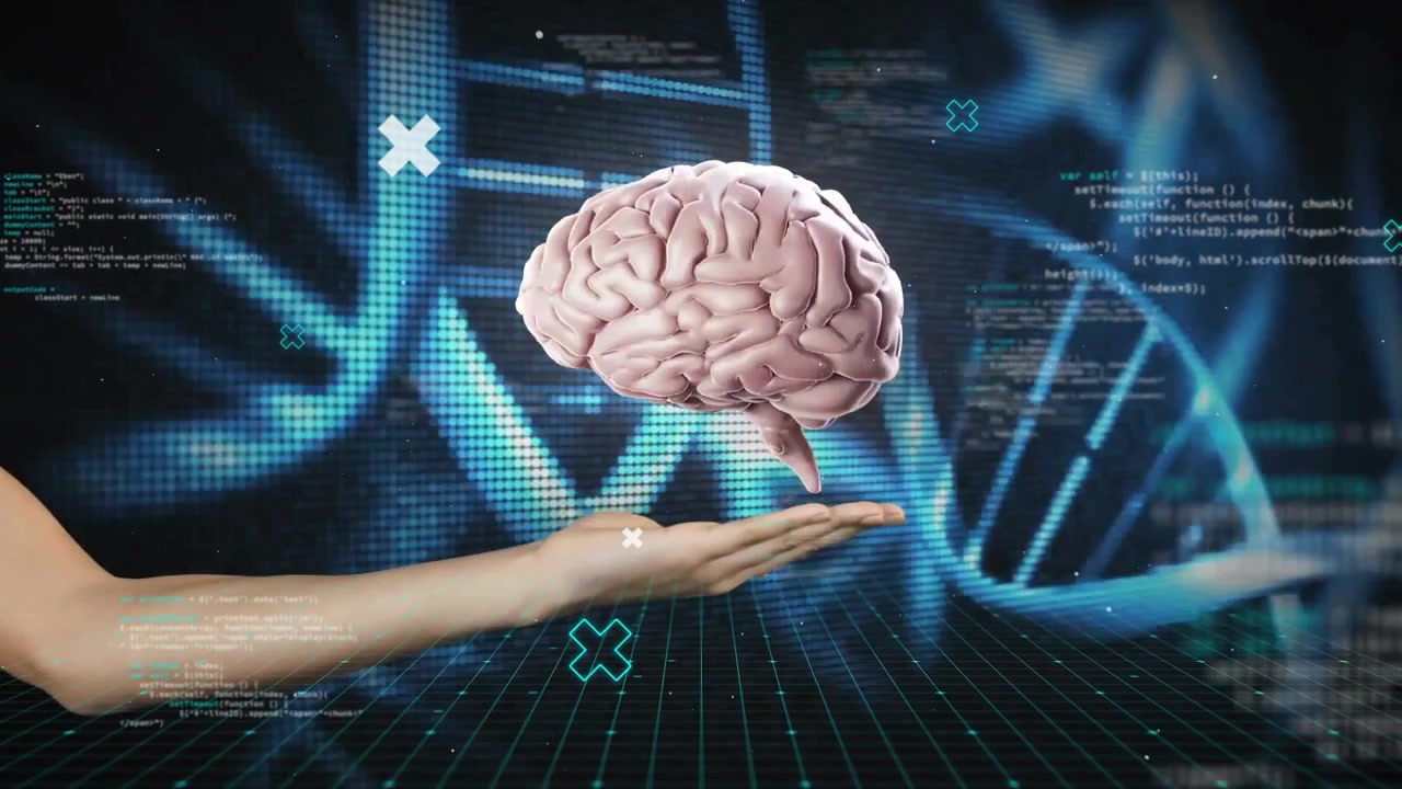 Human Hand Holding Floating 3D Brain Model with Digital DNA Background