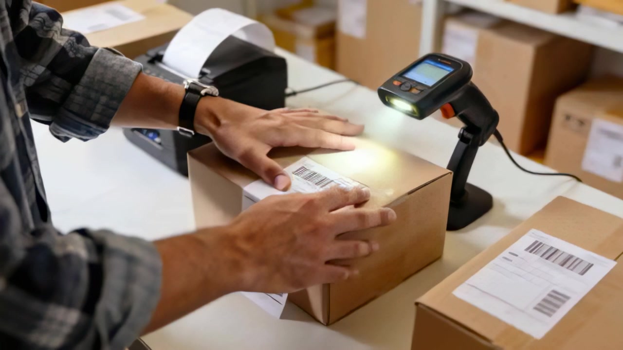 Pulling label, packer in plaid aligning and smoothing label onto box at packing table for scanning