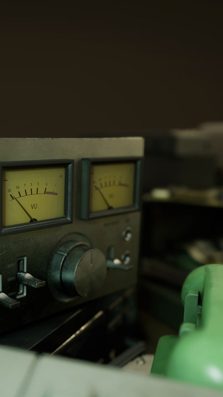 Two vu meters are visible on audio equipment in a recording studio